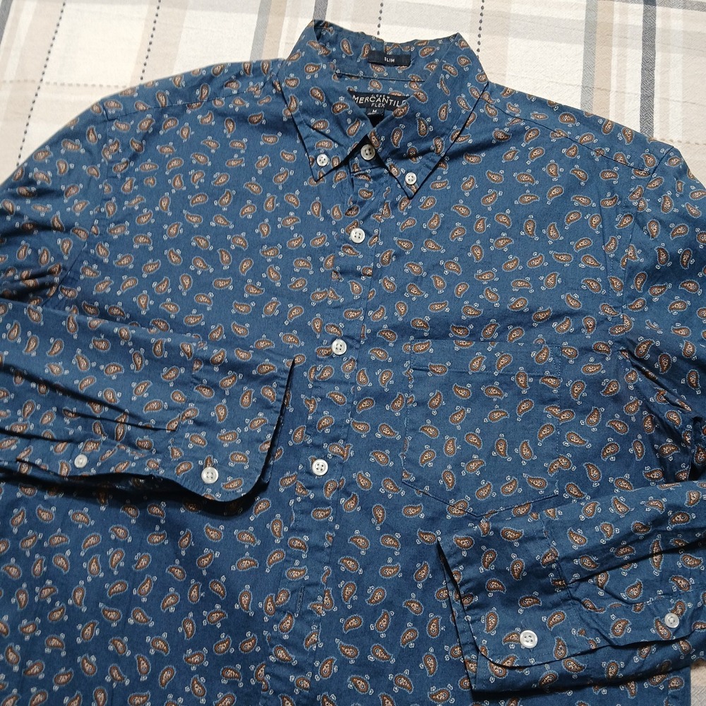 J Crew Paisley‎ AOP Blue Slim Fit Mercantile Flex L/S Button Shirt Size Medium